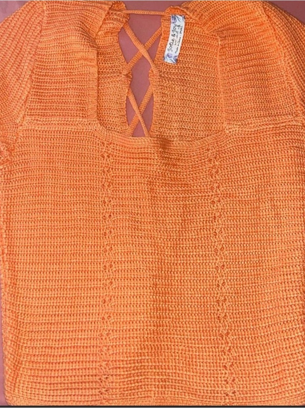 Crochet Lace-Up V-Neck Sweater Tank in Orange